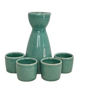 OGGI Sake Set Ceramic‎ Teal Carafe and 4 Cups Japanese Barware Serving